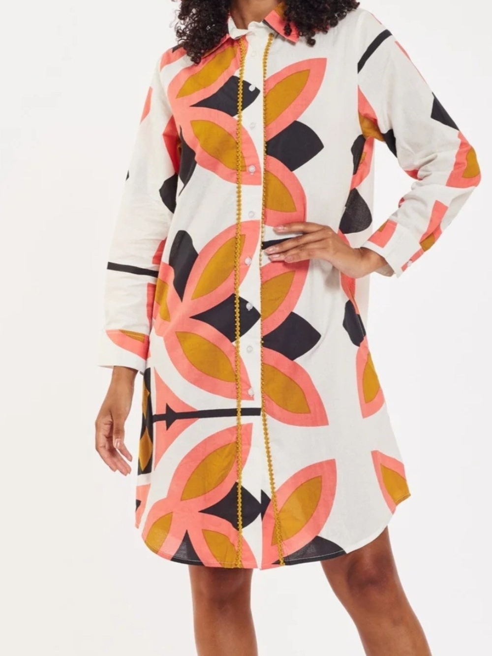 Women's Printed Button-Front Shirt Dress in Coral and Mustard
